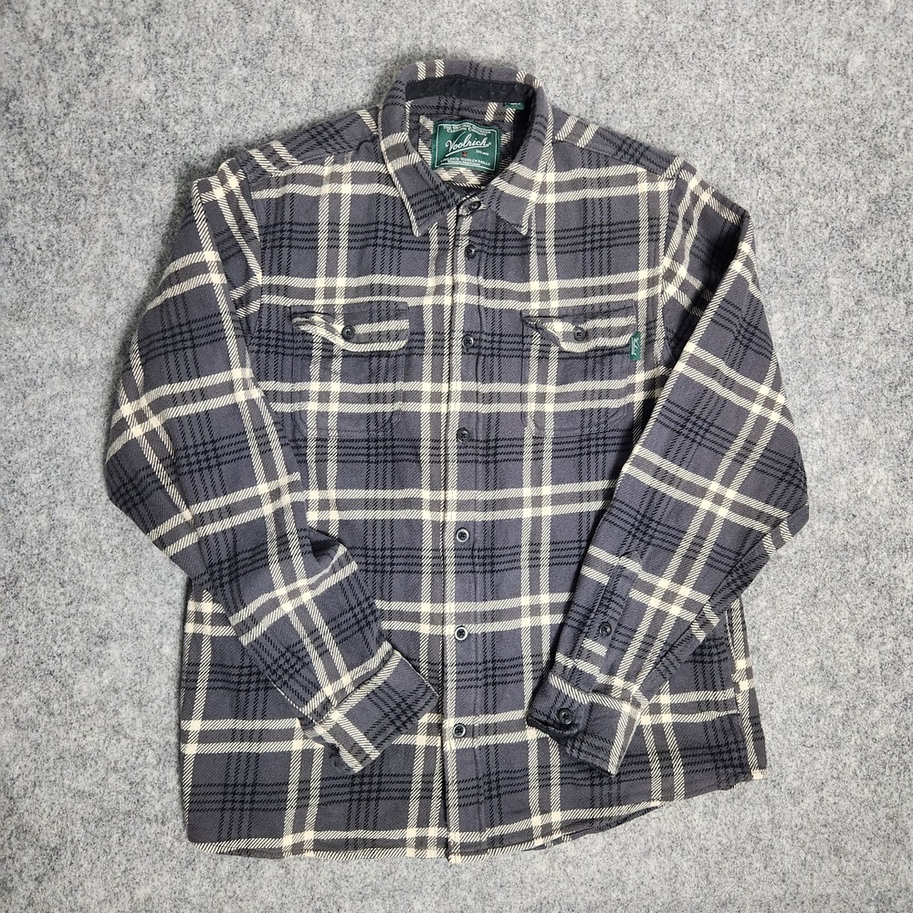 Woolrich Shirt Men's Large Plaid Gray Yellow Button Up Thick Flannel Cotton